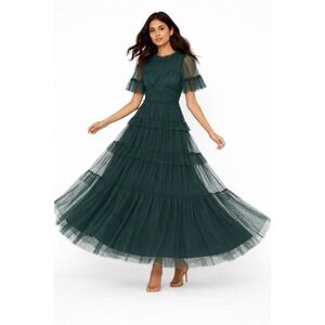 Ivy City Co Women Maxi Whimsical Dress Green M Tulle Tiered Boho Wedding NEW